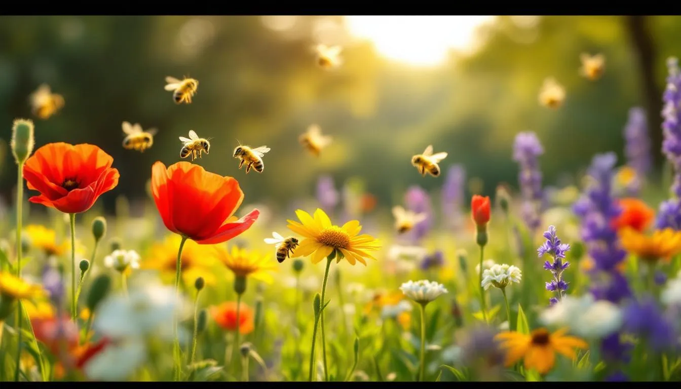 Na łące pszczoły zbierają nektar z różnych kolorowych kwiatów, co przyczynia się do powstawania miodu wielokwiatowego, znanego ze swojego łagodnego smaku i prozdrowotnych właściwości. W tle słychać delikatny szum owadów oraz zapach kwiatów, które przyciągają te pracowite stworzenia.