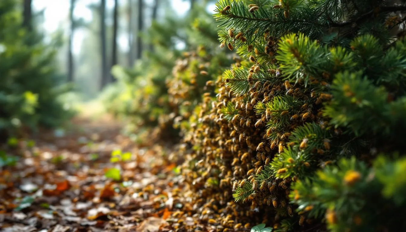 Na zdjęciu widoczna jest leśna pasieka, w której pszczoły zbierają spadź z drzew iglastych, tworząc miód spadziowy. Otoczenie wypełnione jest zapachem żywicy, a pszczoły pracują intensywnie, zbierając słodką wydzielinę, co przyczynia się do powstawania tego wartościowego produktu.