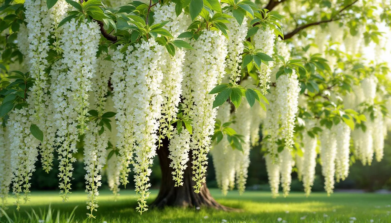 Na obrazie widoczne jest kwitnące drzewo robinii akacjowej, pokryte białymi kwiatami, które są źródłem nektaru i stanowią doskonały materiał miododajny. Kwiaty akacji są znane z pysznego miodu akacjowego, który ma słodki smak i cenne właściwości prozdrowotne.