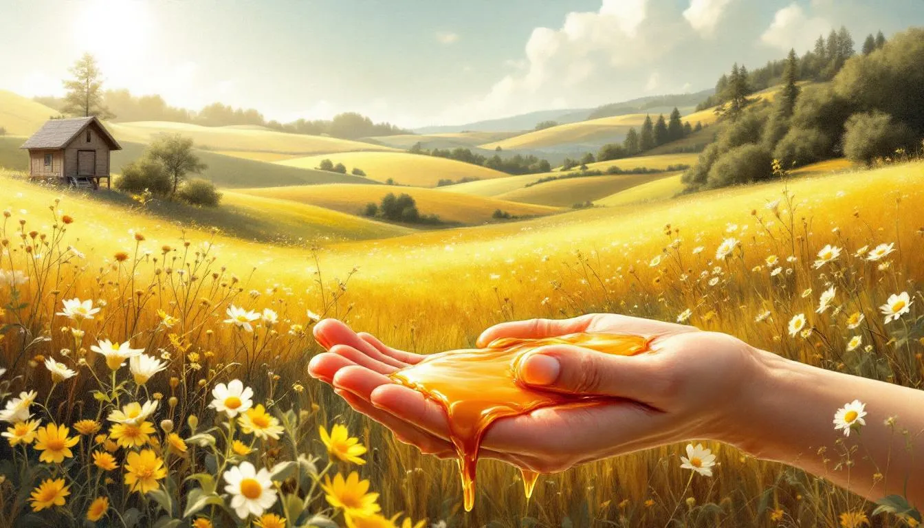 Miód gryczany nałożony na skórę, wskazujący na jego właściwości pielęgnacyjne.