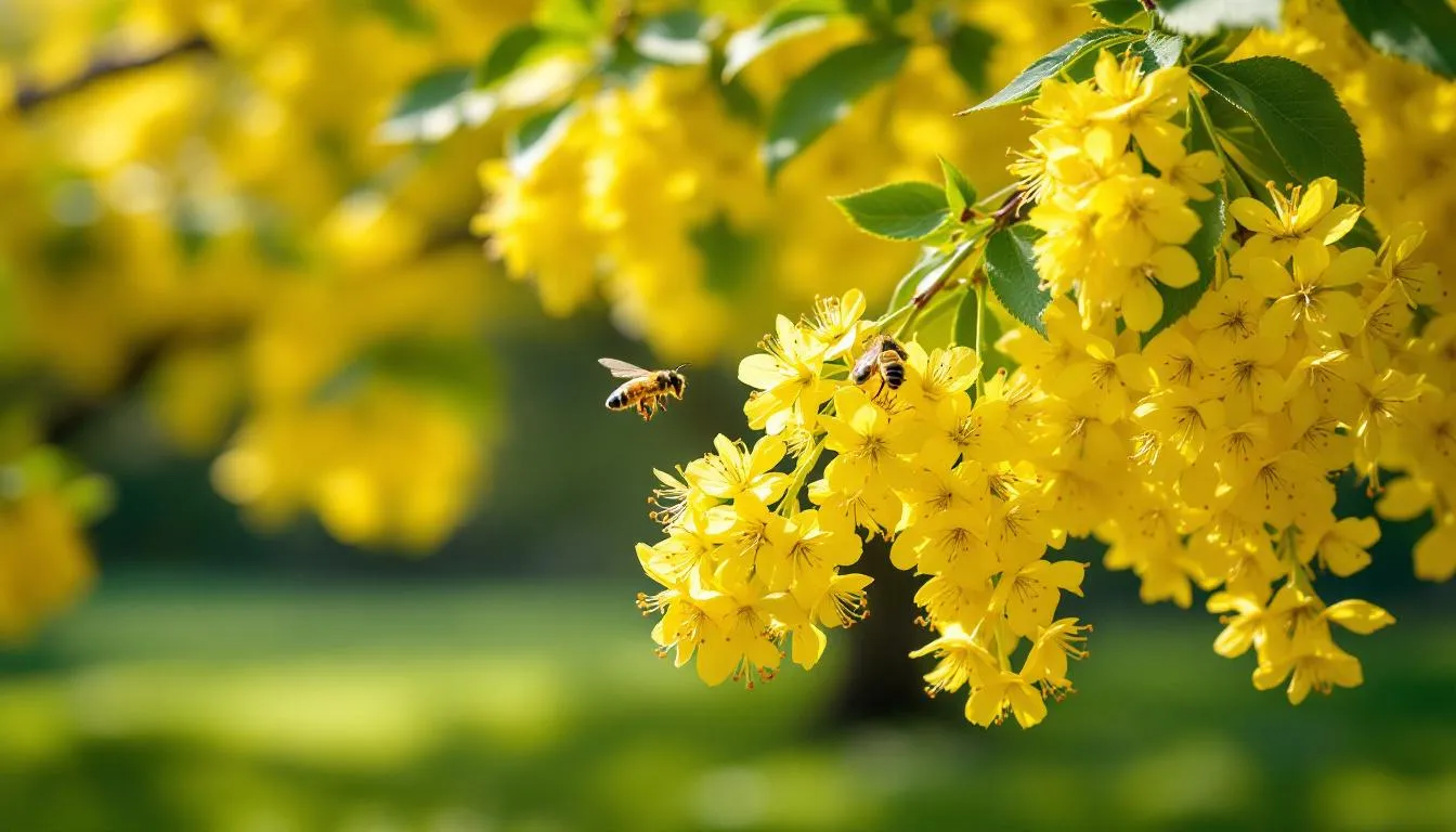 Na obrazie widać kwitnącą lipę z charakterystycznymi żółtymi kwiatami, które przyciągają pszczoły w sezonie zbierania nektaru. Kwiaty lipy są źródłem miodu lipowego, znanego ze swoich niezwykłych właściwości zdrowotnych i intensywnego aromatu.