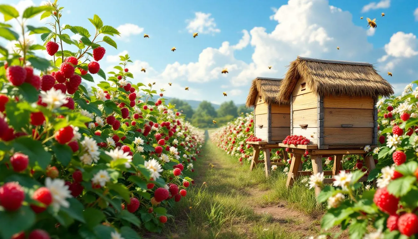 Na zdjęciu widoczna jest piękna plantacja malin w pełnym kwitnieniu, otoczona ulami pszczelimi. Kwiaty malin dostarczają sporo nektaru, co przyciąga pszczoły, które uwielbiają zbierać pyłek, a ich praca wspiera produkcję prawdziwego miodu malinowego o wyjątkowym, owocowym aromacie.