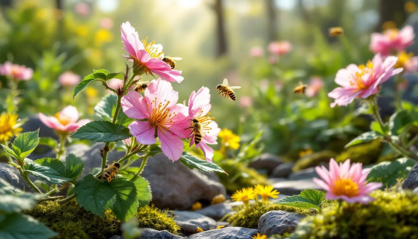 Na obrazie widać kwitnące krzewy malin, wśród których pszczoły zbierają nektar z kwiatów malin. Te piękne rośliny dostarczają sporo nektaru, a pszczoły uwielbiają zbierać pyłek, co przyczynia się do produkcji prawdziwego miodu malinowego.