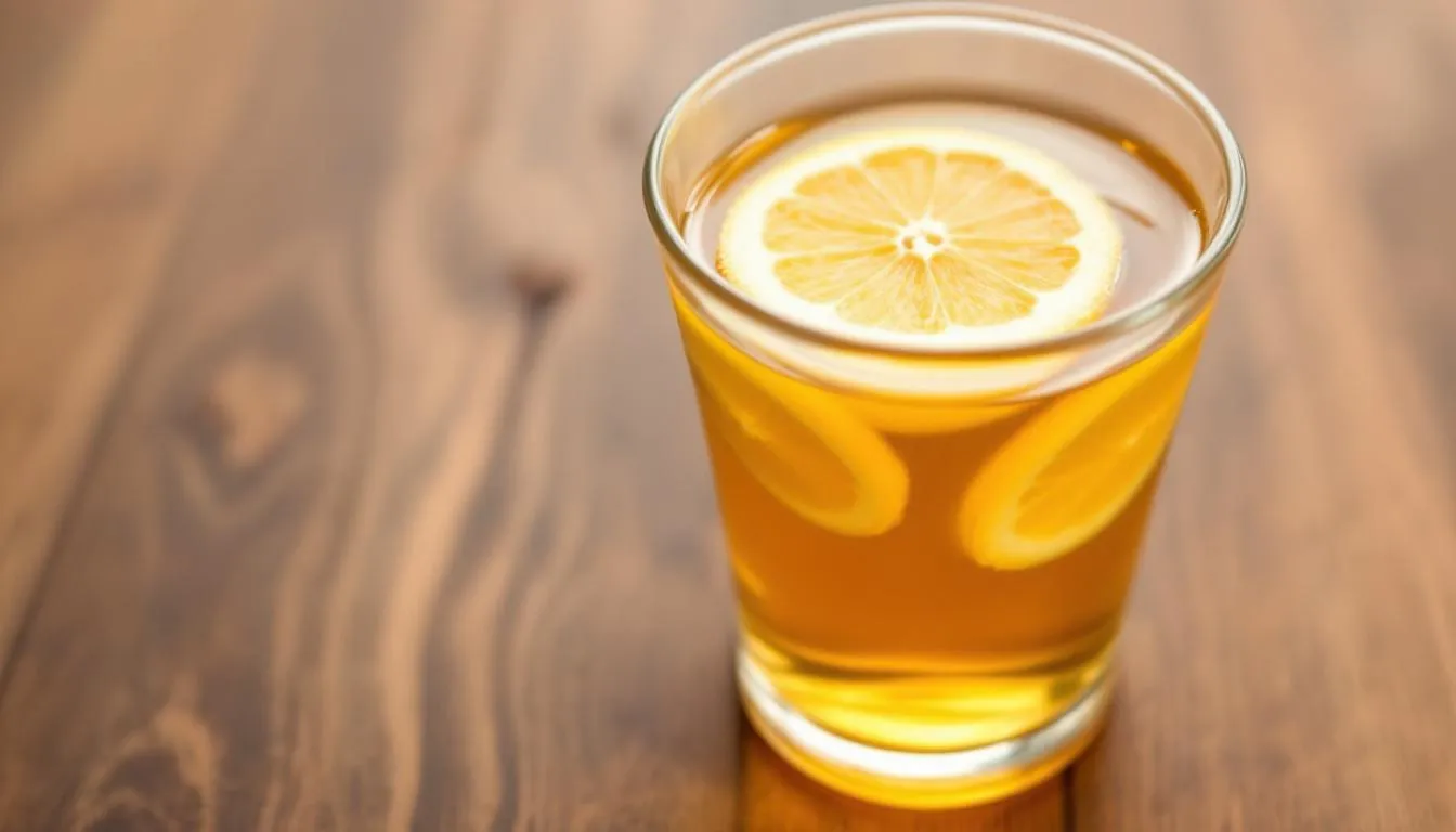 Na zdjęciu znajduje się szklanka ciepłej wody z rozpuszczonym miodem akacjowym i plasterkiem cytryny, tworzącą apetyczną kompozycję o jasnej barwie. Miód akacjowy, znany ze swoich prozdrowotnych właściwości, dodaje napojowi słodkiego smaku oraz cennych witamin.