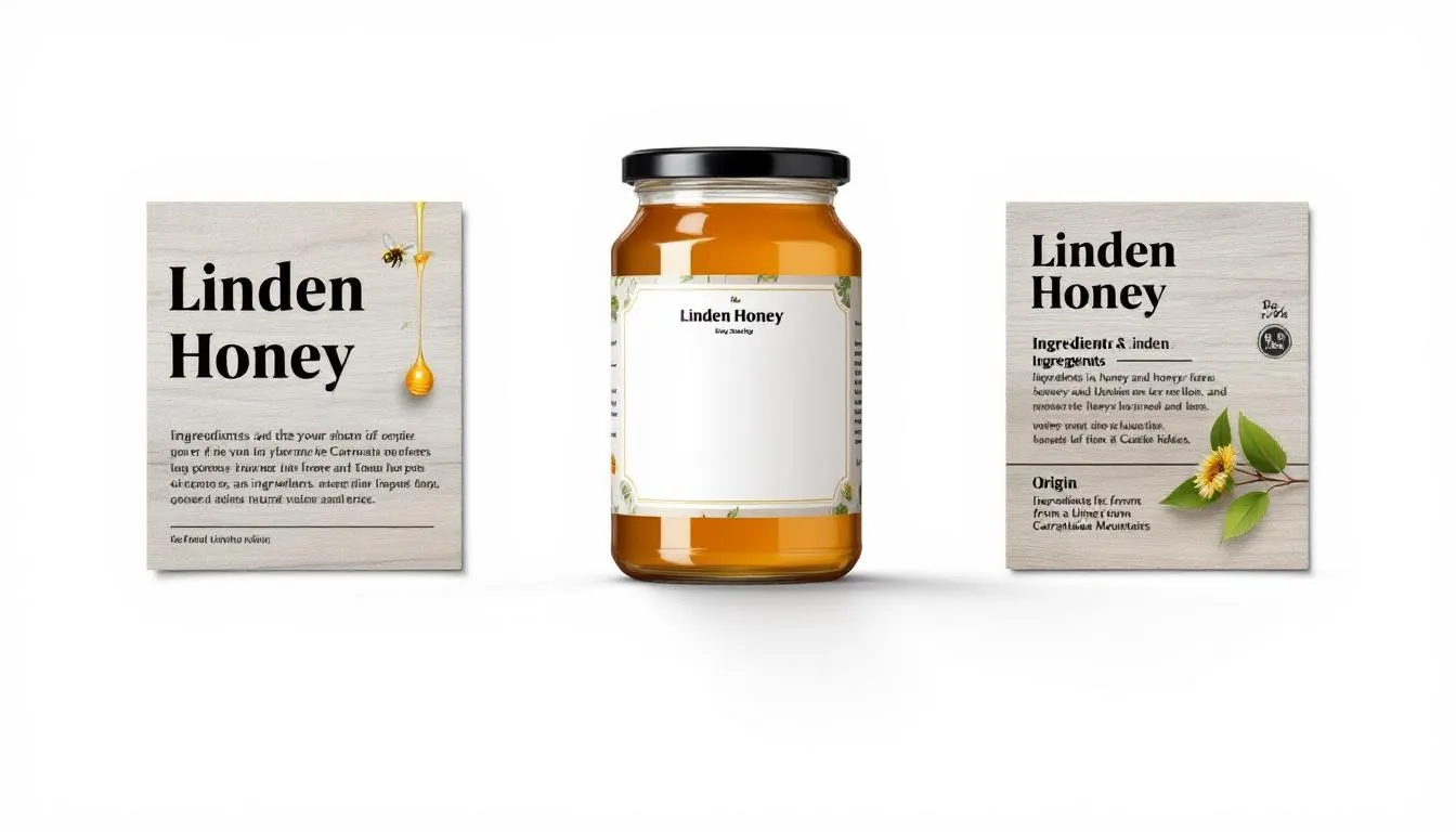 Etykieta miodu lipowego przedstawia informacje o składzie oraz pochodzeniu tego naturalnego miodu lipowego, który charakteryzuje się intensywnym aromatem i właściwościami zdrowotnymi, takimi jak działanie przeciwzapalne i łagodzenie stresu. Na etykiecie można znaleźć również szczegóły dotyczące regularnego spożywania miodu lipowego oraz jego korzystnego wpływu na układ odpornościowy.