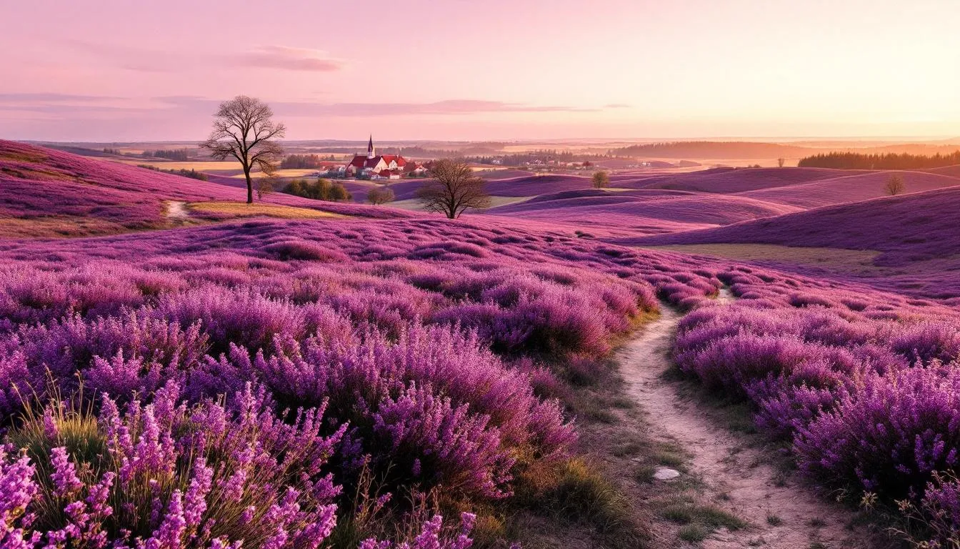 Na obrazie przedstawione są kwitnące wrzosowiska z fioletowymi kwiatami, które tworzą malowniczy krajobraz Polski. W tle widoczna jest naturalna sceneria, a intensywny kolor wrzosu przywodzi na myśl właściwości zdrowotne miodu wrzosowego, który jest uznawany za prawdziwy rarytas.