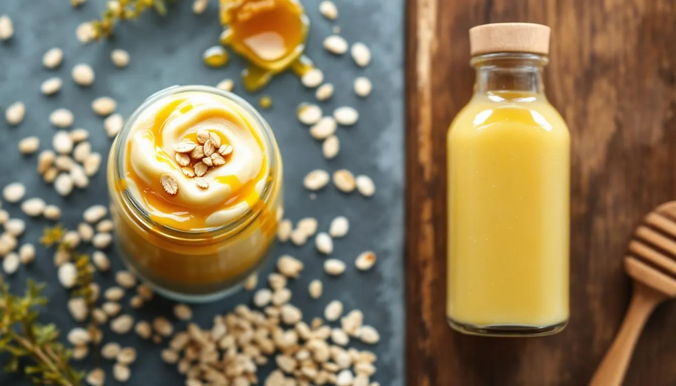 Na zdjęciu znajduje się zestaw naturalnych kosmetyków domowych, w tym maska do twarzy oraz odżywka do włosów, które zawierają miód wrzosowy. Miód ten, znany ze swoich właściwości prozdrowotnych i intensywnego wrzosowego zapachu, jest idealnym składnikiem do pielęgnacji skóry i włosów.