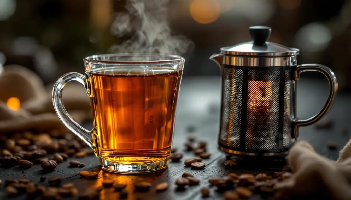 Na zdjęciu znajduje się szklanka ciepłej herbaty, w której rozpuszcza się łyżka naturalnego miodu wrzosowego, charakteryzującego się intensywnym smakiem i aromatem wrzosu. Miód wrzosowy, uznawany za wyjątkowy, dodaje napojowi słodko-gorzkiego posmaku oraz wartości prozdrowotnych.