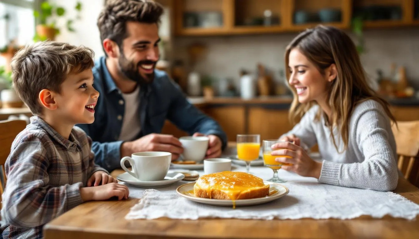 Na obrazku widzimy rodzinę siedzącą przy stole, która cieszy się wspólnym śniadaniem z miodem faceliowym. Miód ten, pozyskiwany z kwiatów facelii, charakteryzuje się delikatnym smakiem i jasną barwą, co czyni go doskonałym dodatkiem do porannego posiłku.
