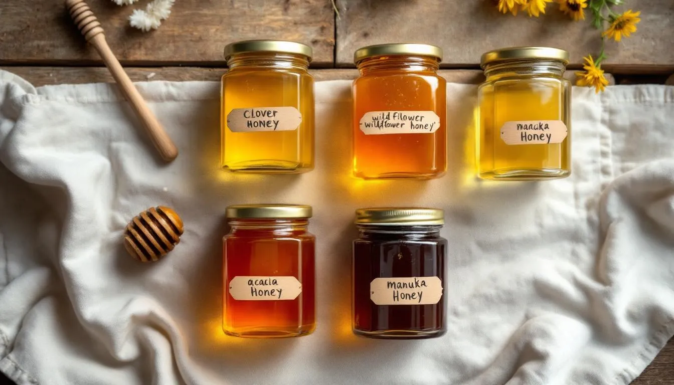 Na zdjęciu znajduje się porównanie różnych rodzajów miodu umieszczonych w słoikach, w tym miód nawłociowy, który charakteryzuje się jasnożółtą barwą i kremową konsystencją. W tle można wyczuć przyjemny zapach kwiatów nawłoci, co podkreśla ich właściwości prozdrowotne oraz zastosowanie w leczeniu infekcji dróg moczowych.
