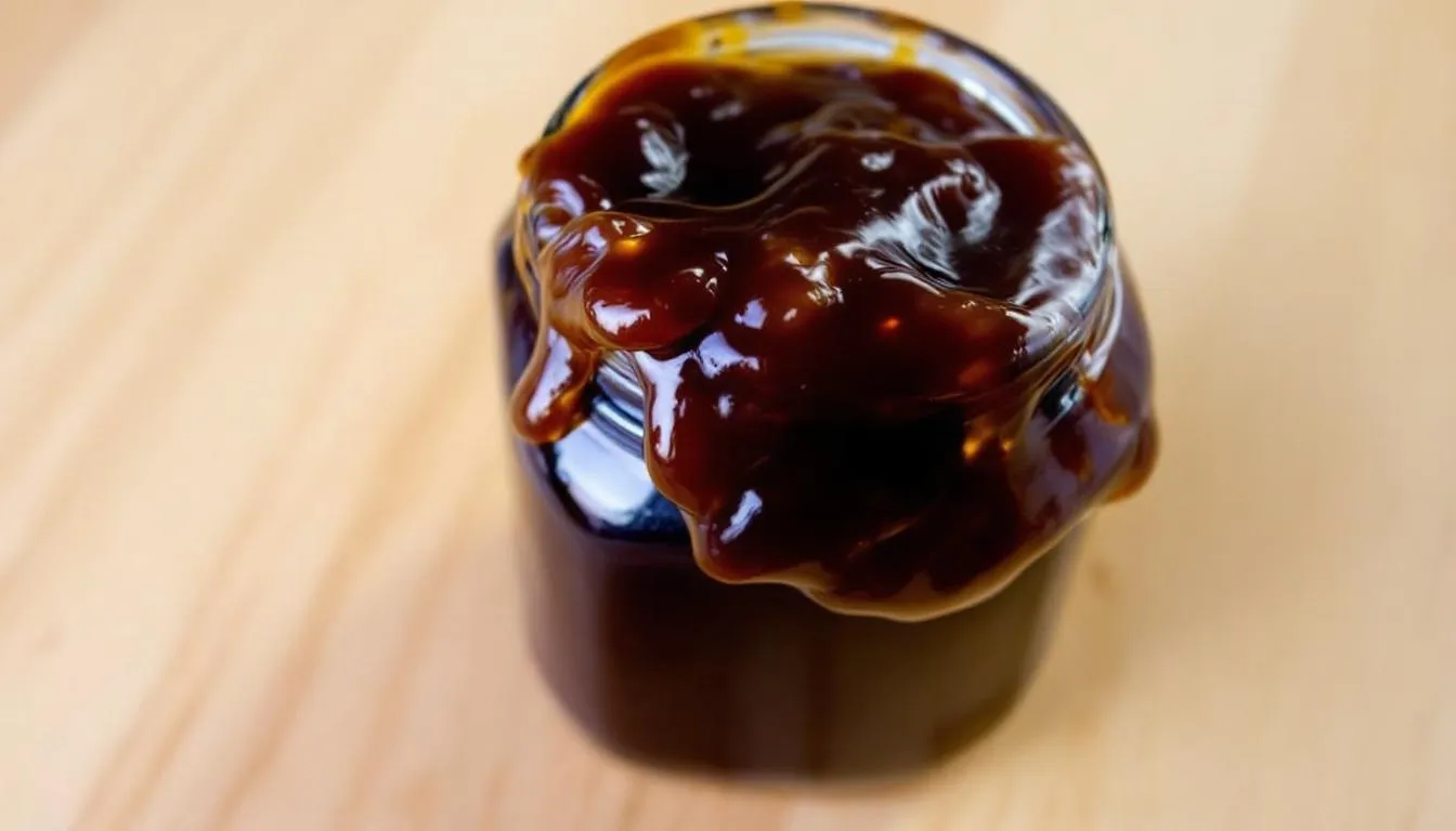 Na zdjęciu znajduje się słoik naturalnego miodu wrzosowego, który charakteryzuje się ciemnobrunatną barwą i gęstą, galaretowatą konsystencją. Miód ten, pozyskiwany z nektaru wrzosu, ma intensywny zapach oraz lekko gorzkawy smak, co czyni go wyjątkowym rarytasem wśród odmian miodu.