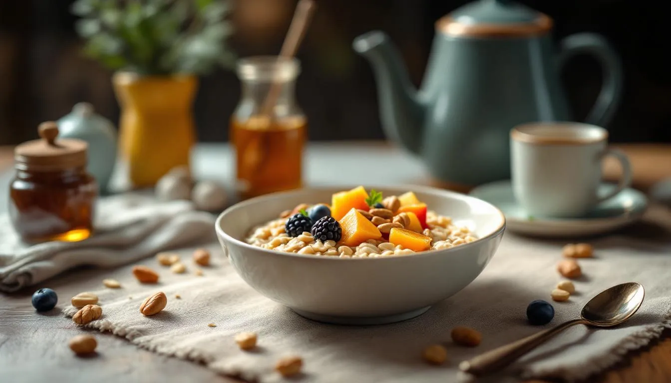 Na śniadaniowym stole znajduje się miska owsianki, ozdobiona miodem wielokwiatowym, świeżymi owocami oraz chrupiącymi orzechami. Całość emanuje delikatnym zapachem kwiatowym, a słodki smak miodu dodaje potrawie wyjątkowego charakteru.