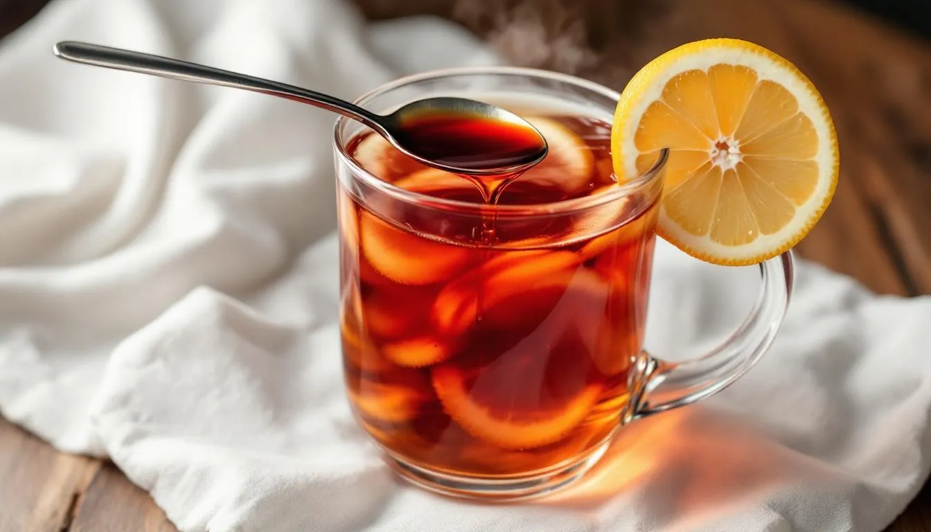 Na zdjęciu znajduje się szklanka gorącej herbaty, do której dodano łyżeczkę prawdziwego miodu malinowego oraz plastry cytryny, co nadaje napojowi charakterystyczny owocowy aromat i delikatny kwaskowy posmak. Miód malinowy, znany ze swoich właściwości odżywczych, jest idealnym dodatkiem do herbat, szczególnie w sezonie grypowym.