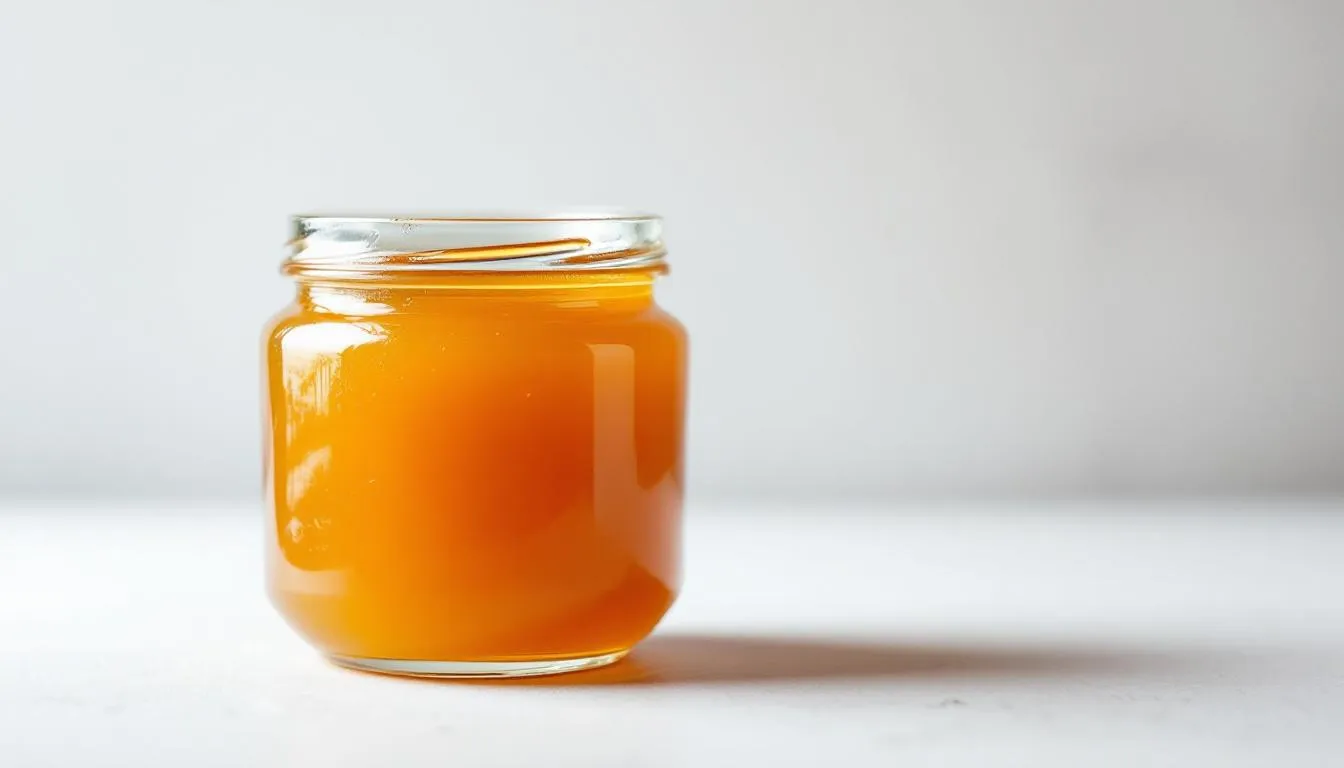 Na zdjęciu znajduje się szklany słoik z miodem lipowym, który ukazuje jego charakterystyczną bursztynową barwę oraz intensywny aromat. Miód lipowy, pozyskiwany z nektaru kwiatów lipy, wyróżnia się wyjątkowym smakiem i właściwościami zdrowotnymi, które wspierają układ odpornościowy.