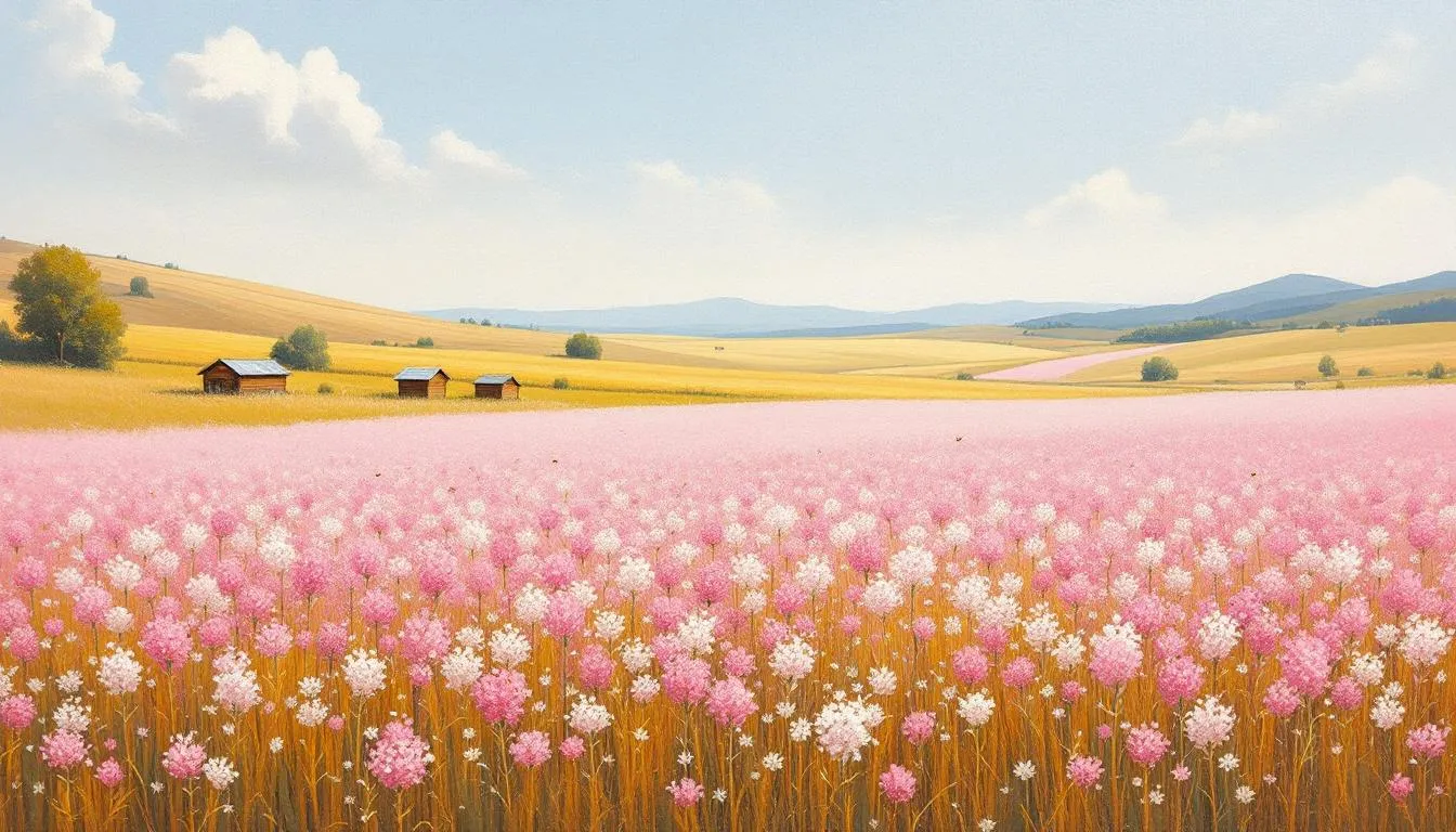 Widok na pole gryki w pełnym kwiecie, które jest źródłem miodu gryczanego.