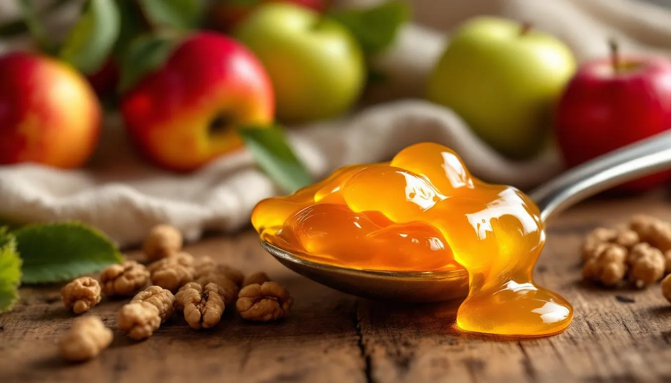 Na zdjęciu znajduje się łyżka pełna pysznego miodu akacjowego, otoczona soczystymi jabłkami i chrupiącymi orzechami. Miód akacjowy, znany ze swoich prozdrowotnych właściwości i słodkiego smaku, ma jasną barwę i intensywny aromat, co czyni go idealnym dodatkiem do zdrowej diety.