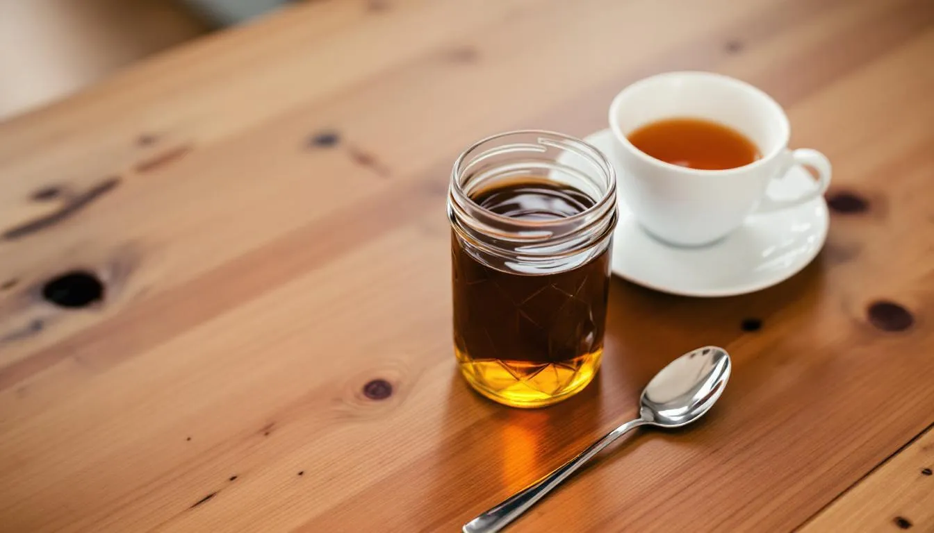 Na drewnianym stole znajduje się szklany słoik z miodem spadziowym, obok którego leży łyżka oraz filiżanka herbaty. Miód spadziowy, o ciemnej barwie, charakteryzuje się łagodnym smakiem i wyjątkowymi właściwościami prozdrowotnymi.