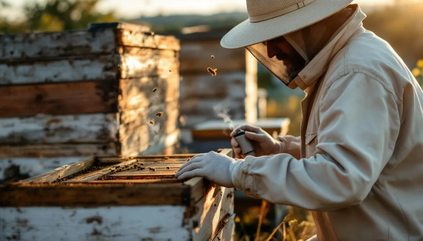 Pszczelarz sprawdza ule w końcu lata, otoczony przez kwitnące nawłoci pospolitej, która emanuje przyjemnym zapachem. W tym okresie pszczoły zaczynają zimowe przygotowania, zbierając nektar, z którego powstaje cenny miód nawłociowy.