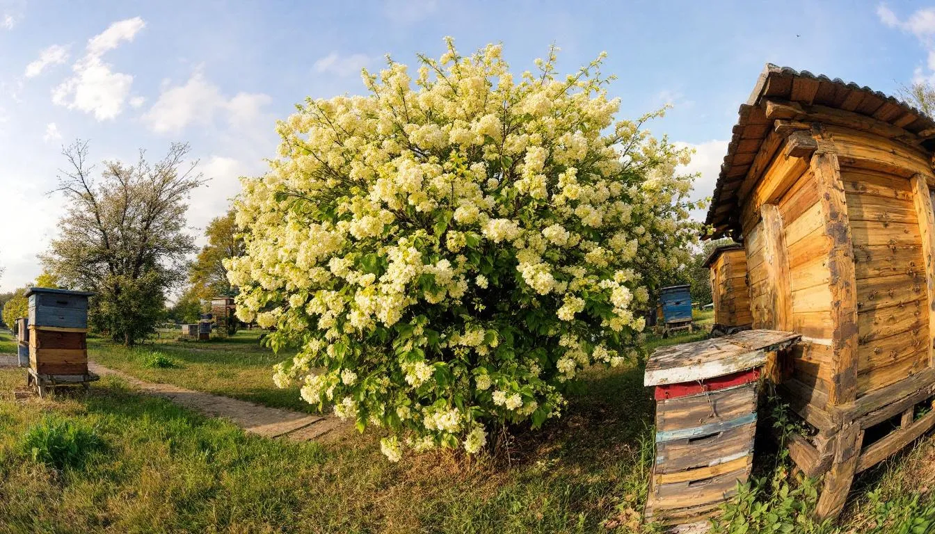 Na panoramie polskiej pasieki widać uły otoczone kwitnącymi drzewami, które są źródłem nektaru dla pszczół. W tle można dostrzec piękne kwiaty akacji, z których powstaje pyszny miód akacjowy, znany ze swoich prozdrowotnych właściwości i słodkiego smaku.