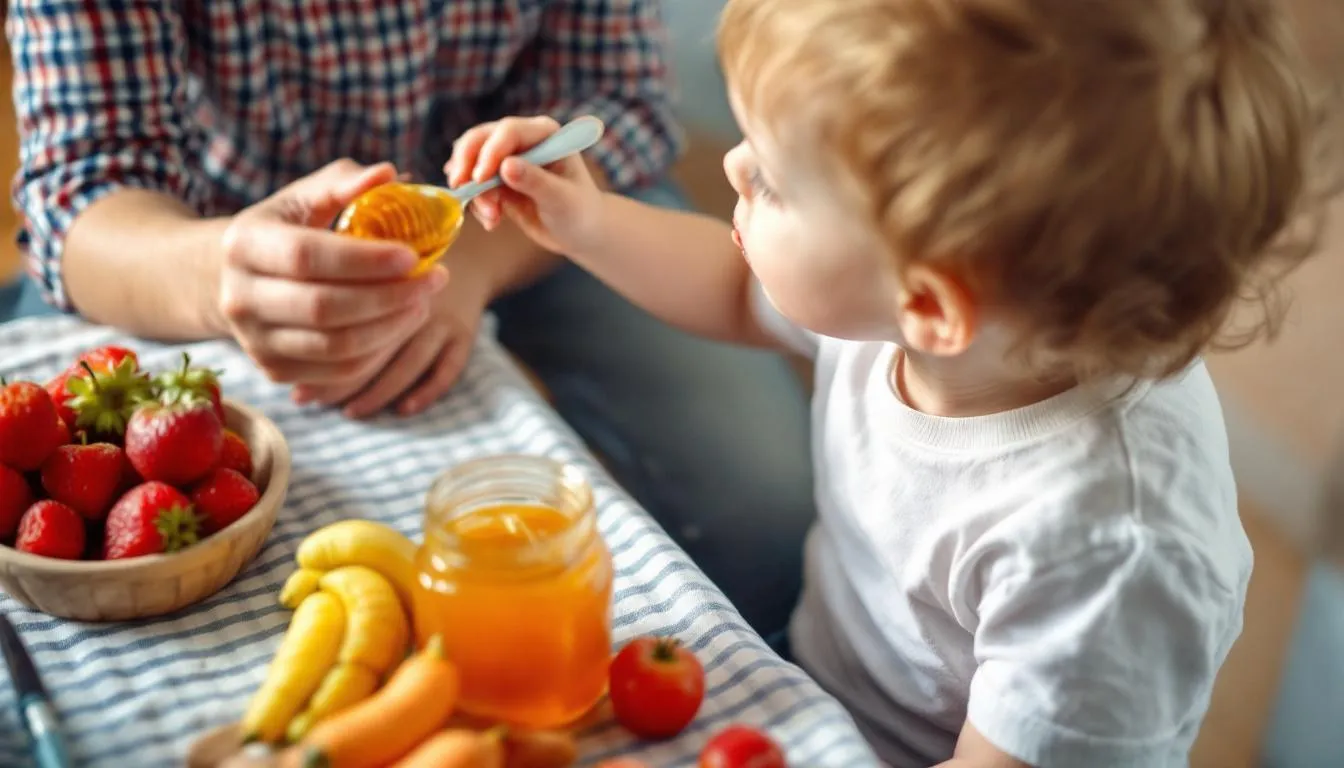 Na obrazku widzimy dziecko siedzące przy stole, które z radością je pyszny miód akacjowy łyżeczką, otoczone kolorowymi owocami. Miód akacjowy, znany ze swoich prozdrowotnych właściwości, ma słodki smak i jasną barwę, co czyni go idealnym dodatkiem do codziennej diety.