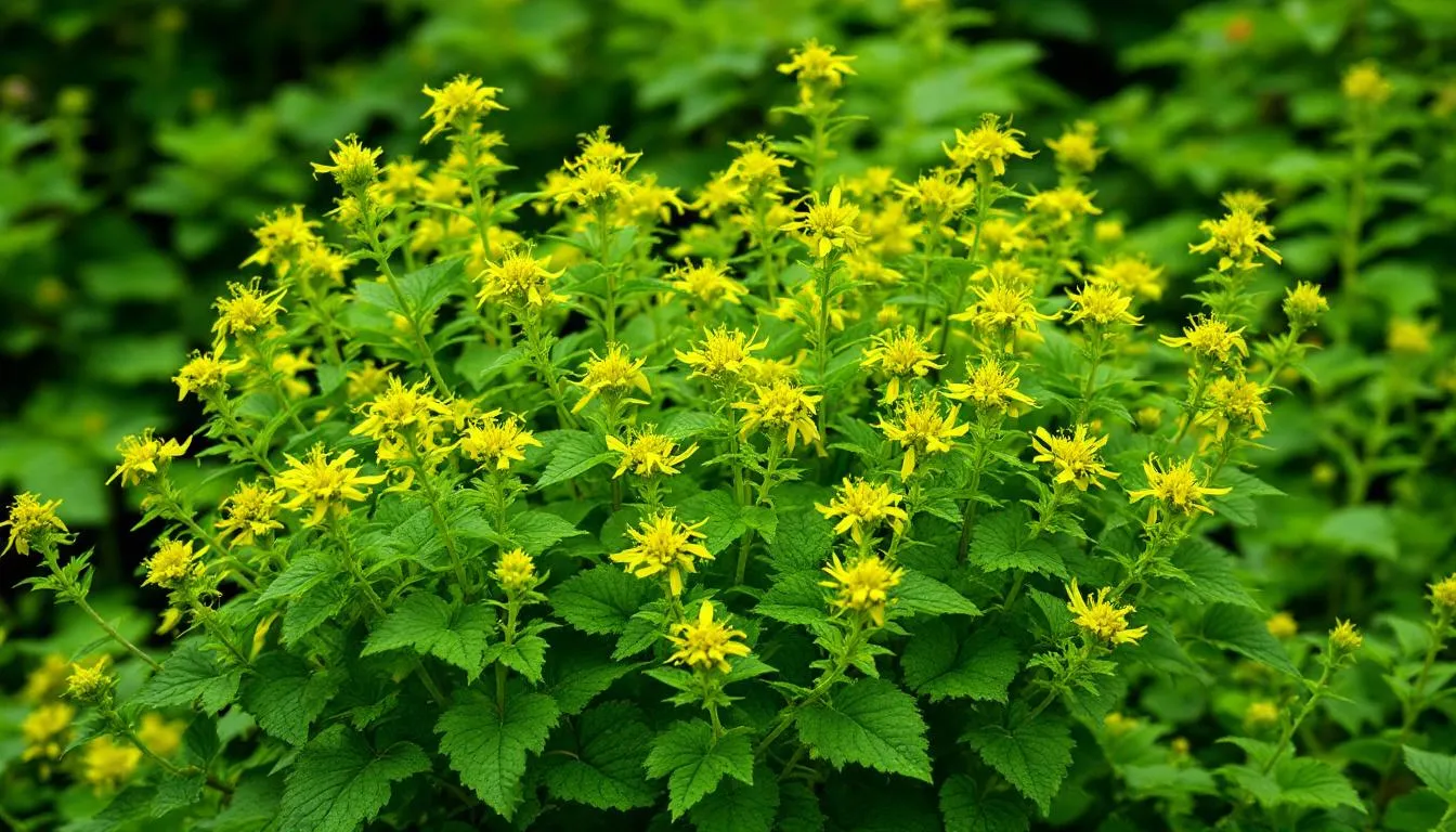 Na łące kwitną żółte kwiaty nawłoci pospolitej, które emanują przyjemnym zapachem i przyciągają pszczoły. Te cenne rośliny miododajne, które kwitną najintensywniej późnym latem, są źródłem nektaru dla pszczół, a z nich powstaje miód nawłociowy o właściwościach zdrowotnych.