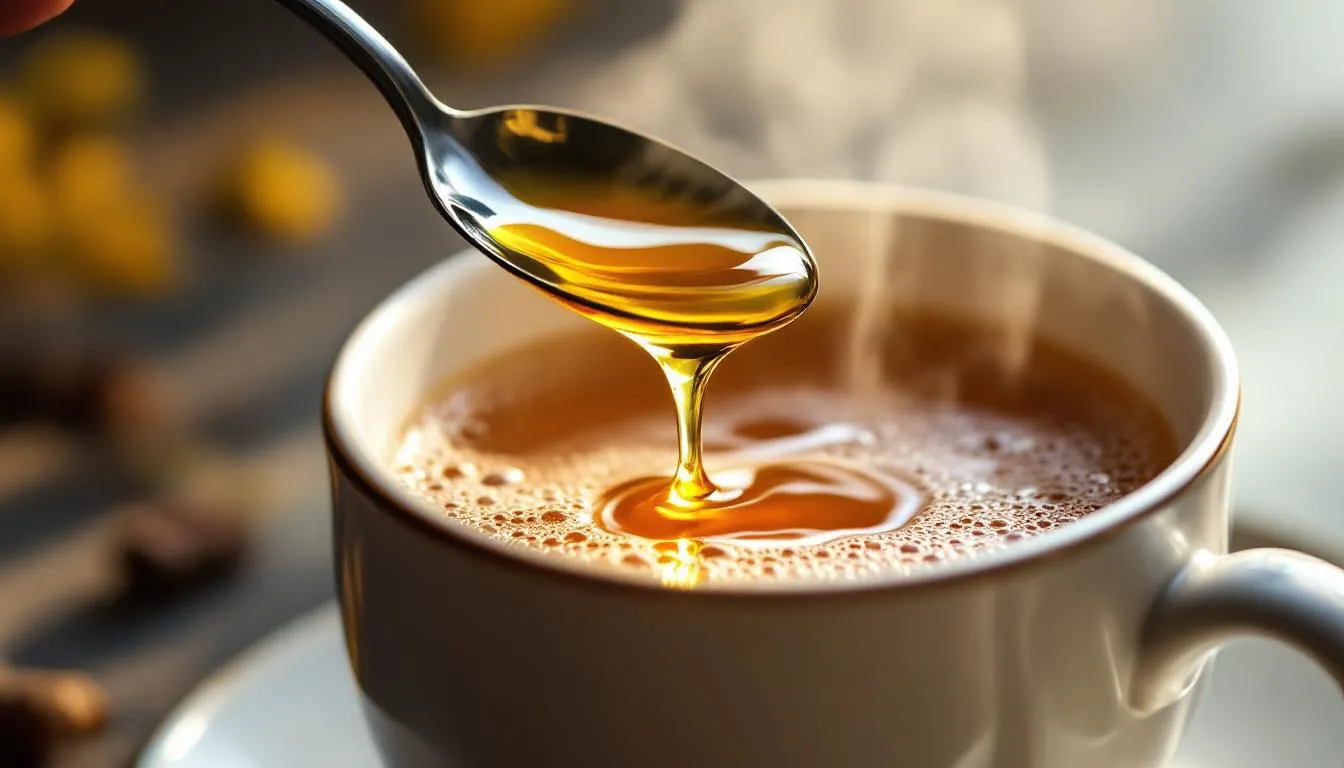 Na zdjęciu znajduje się łyżka miodu lipowego uniesiona nad filiżanką ciepłej herbaty ziołowej, co sugeruje połączenie naturalnych składników o właściwościach zdrowotnych. Miód lipowy, znany ze swojego intensywnego aromatu i smakowych walorów, doskonale komponuje się z ziołową herbatą, tworząc idealny napój na relaks.